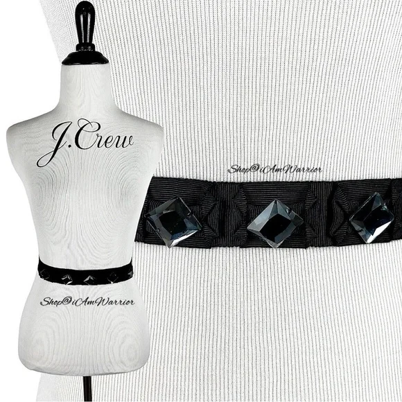 J.Crew Vintage Black Grosgrain Ribbon Belt w/ Smoky Crystal Squares @iamwarrior - Picture 2 of 8